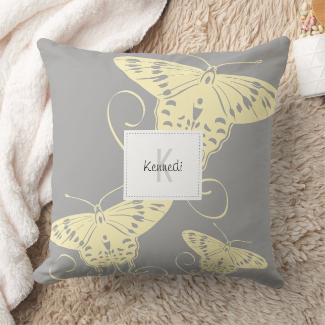 Cojín Decorativo Bonito Mariposa Amarillo En Patrón Gris (Manta)
