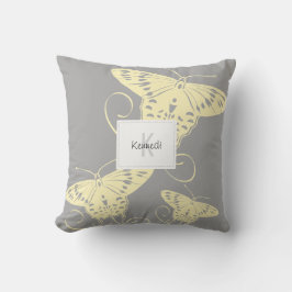 Cojín Decorativo Bonito Mariposa Amarillo En Patrón Gris