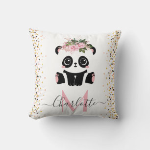 Cojín Decorativo Bonito panda monograma floral personalizado