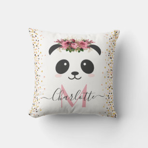Cojín Decorativo Bonito panda monograma floral personalizado
