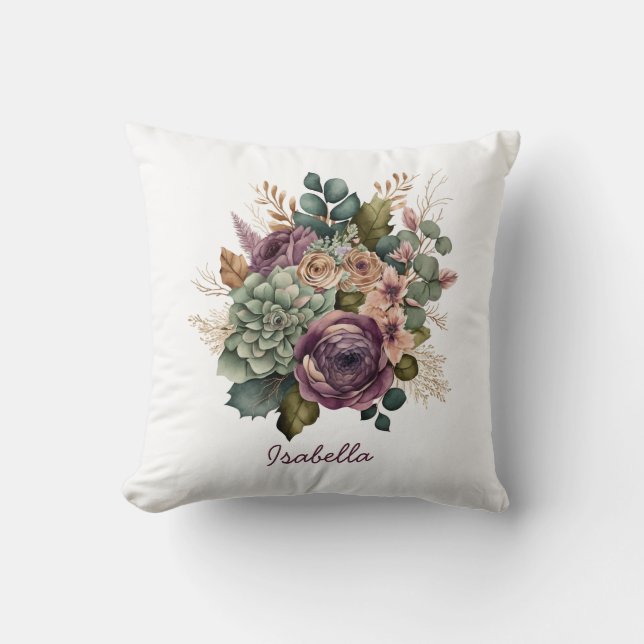 Cojín Decorativo Bonito personalizado Acuarela Suculento Floral Mau (Anverso)