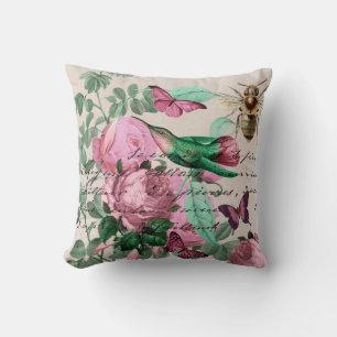 Cojín Decorativo Bonito rosas de la época con aves y abejas