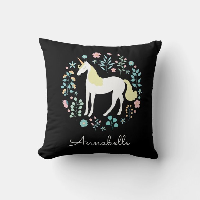 Cojín Decorativo Bonito unicornio y flores negras personalizadas (Anverso)
