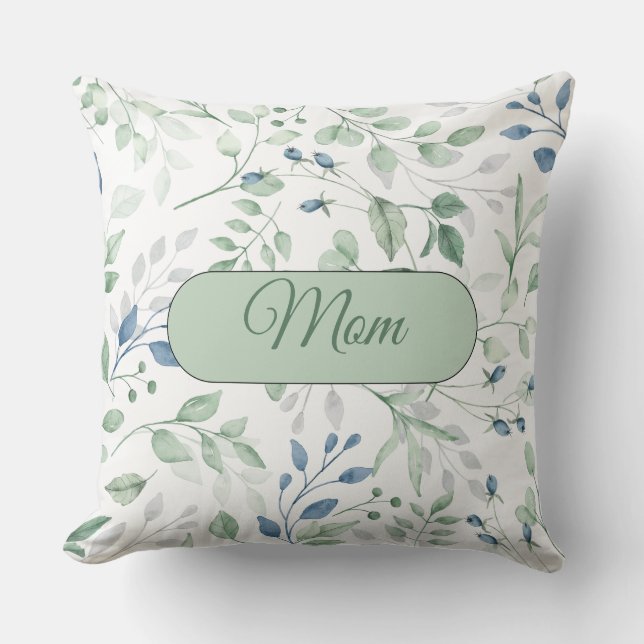 Cojín Decorativo Bonito Verdor Pillow Blue y Green Leaves MOM (Anverso)