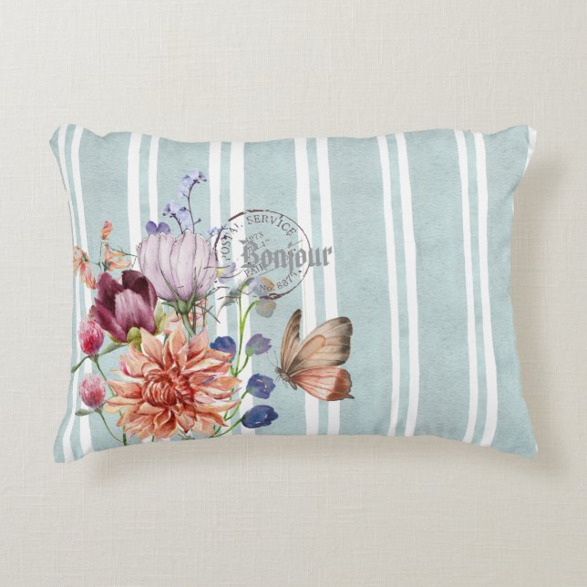 Cojín Decorativo Bonjour Decoración floral franjas francesas Relax (Anverso)