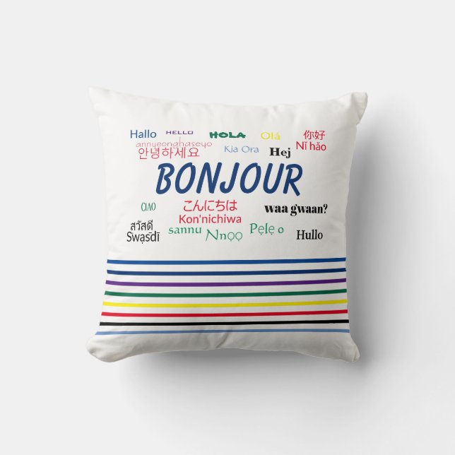 Cojín Decorativo Bonjour Hello Varias franjas de lenguajes (Anverso)