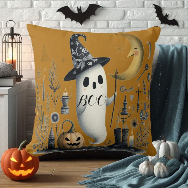 Cojín Decorativo Boo Halloween Fantasma Noche Estrellada Media Luna (Boo Halloween Ghost Starry Night Half Moon Jack Throw Pillow)
