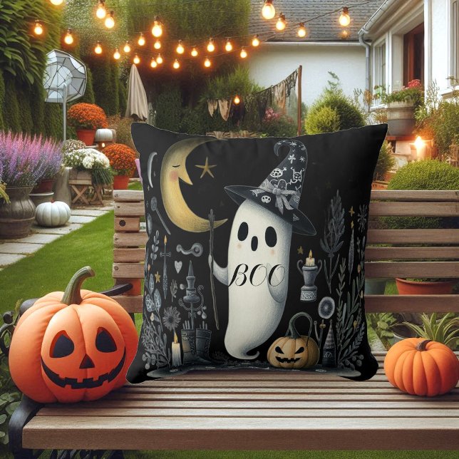 Cojín Decorativo Boo Halloween Fantasma Noche Negro Media Luna Jack (Boo Halloween Ghost Black Night Half Moon Jack Fun Throw Pillow)