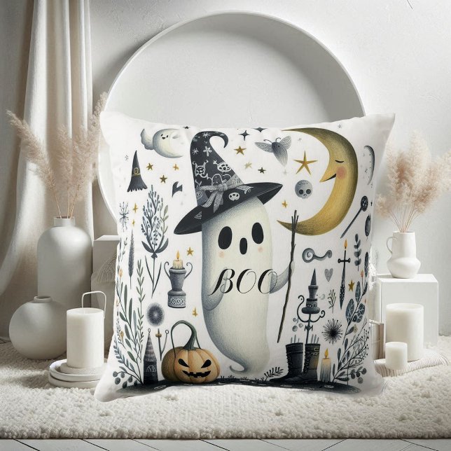 Cojín Decorativo Boo Halloween Ghost Stars Night Half Moon Jack Fun (Boo Halloween Ghost Stars Night Half Moon Jack Fun Throw Pillow)