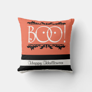 Cojín Decorativo ¡Boo! Halloween Naranja y Negro Rayas Blancas Chic
