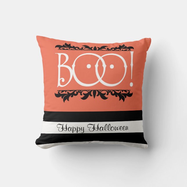 Cojín Decorativo ¡Boo! Halloween Naranja y Negro Rayas Blancas Chic (Anverso)