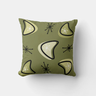 Cojín Decorativo Boomerangs atómicos estallidos olivos verdes