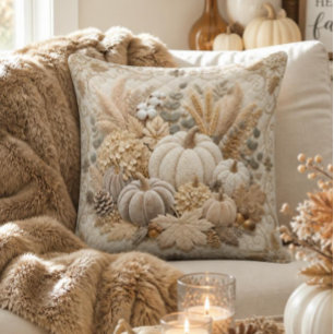 Cojín Decorativo Bordado de Calabaza de Cosecha Neutral Elegante