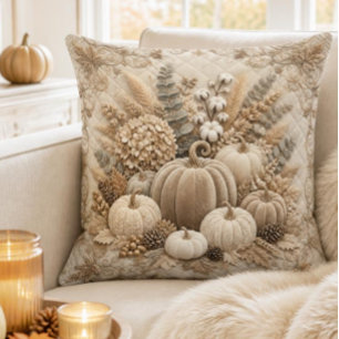 Cojín Decorativo Bordado de calabaza de otoño neutral de lujo