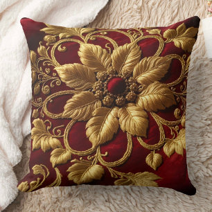 Cojín Decorativo Bordado de flores grandes vintage rojo dorado