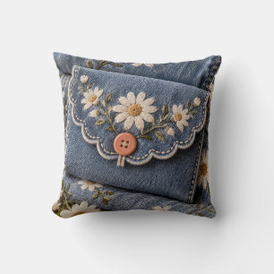 Cojín Decorativo Bordado de margarita de mezclilla azul Bolsillo fl
