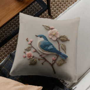 Cojín Decorativo Bordado Falso Floral Pájaro Azul Vintage