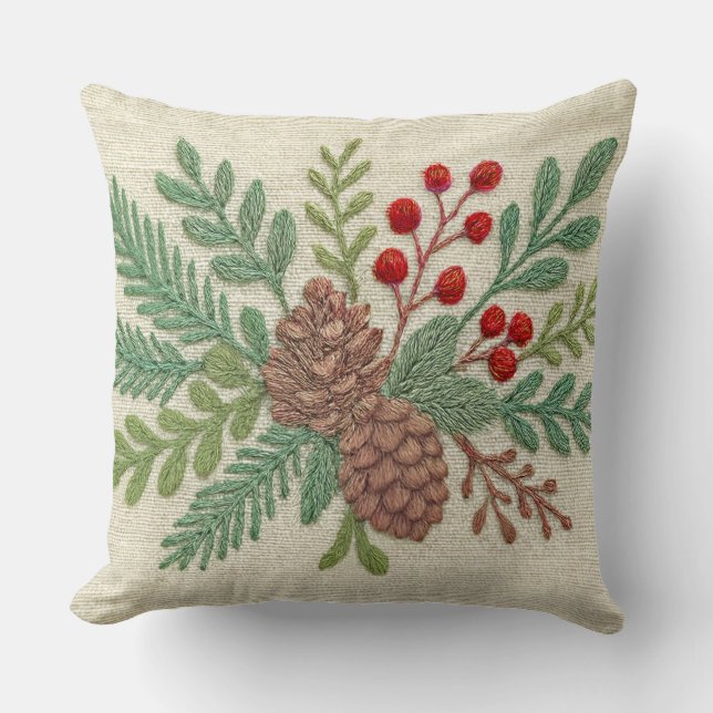 Cojín Decorativo Bordado Floral de Navidad Espiga Piña Rojo (Anverso)