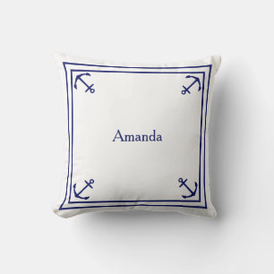 Cojín Decorativo Borde de ancla azul de la marina en blanco