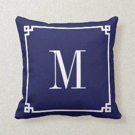 Cojín Decorativo Borde de Clave Griega Monogramado de Azul Marino y