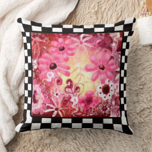 Cojín Decorativo Borde de comprobación rojo rosa floral abstracto c