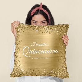 Cojín Decorativo Borde de Purpurina Dorada Cuadrada y Quinceañera d