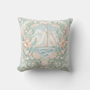 Cojín Decorativo Borde Floral de Barco de Vela Pastel y Conchas Mar