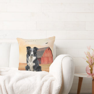 Cojín Decorativo Border Collie y Rancho de Granero Rojo