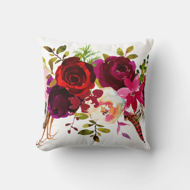 Cojín Decorativo Borgoña bohemio Marsala Floral rosa blanco rojo (Anverso)