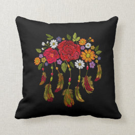 Cojín Decorativo Borrador Boho Feather Rojo Amarillo Floral Negro