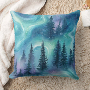 Cojín Decorativo Bosque Aurora Boreal Acuarela