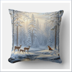 Cojín Decorativo Bosque Cubierto de Nieve con Fauna Silvestre