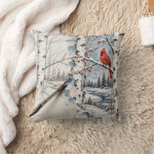 Cojín Decorativo Bosque de abedules de Navidad y pintura de cardena