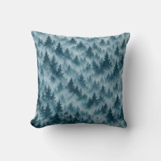Cojín Decorativo Bosque de Pino Azul Brumoso Patrón de Acuarela