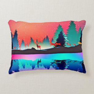 Cojín Decorativo Bosque forestal de los ciervos montaña aurora bore
