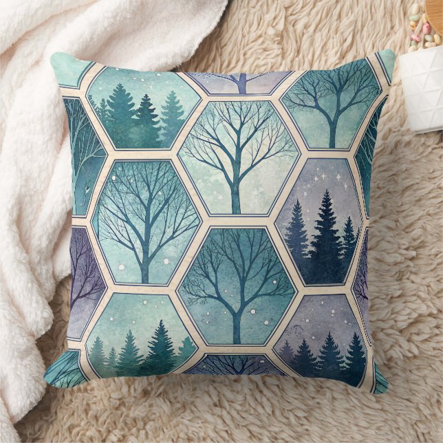 Cojín Decorativo Bosque Geométrico de Invierno – Árboles en Hexágon (Manta)