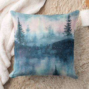 Cojín Decorativo Bosque nocturno de Aurora Boreal oscura