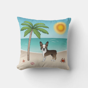 Cojín Decorativo Boston Terrier Atigrado En Una Playa Tropical De V