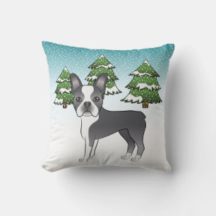Cojín Decorativo Boston Terrier Blanco y Azul en un Bosque Invernal