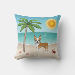 Cojín Decorativo Boston Terrier cervato en una playa tropical de ve