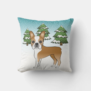 Cojín Decorativo Boston Terrier cervato y blanco en un bosque inver