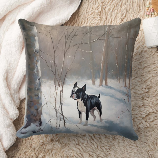 Cojín Decorativo Boston Terrier Deja que nieve Navidad (Manta)