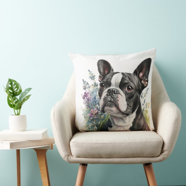 COJÍN DECORATIVO BOSTON TERRIER DOG CON FLORES (Silla)