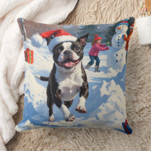 Cojín Decorativo Boston Terrier  Escena Navideña Festiva de Nieve