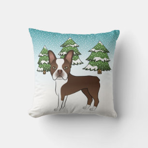 Cojín Decorativo Boston Terrier marrón chocolate en un bosque inver