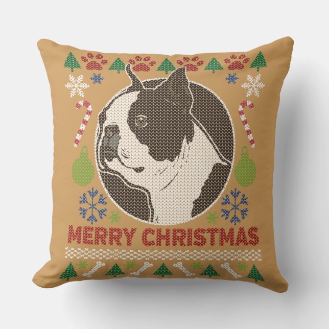 Cojín Decorativo Boston Terrier Merry Christmas Ugly Sweater (Anverso)