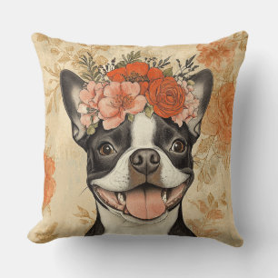 Cojín Decorativo Boston Terrier Perro Naranja Floral