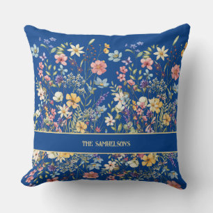 Cojín Decorativo Botánica floral personalizada azul cobalto