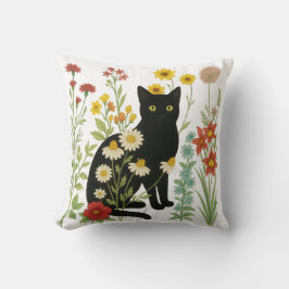 Cojín Decorativo Botanical Nature – Black Cat in Wildflower Garden