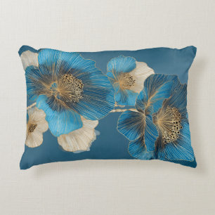 Cojín Decorativo Botánico Amapola Poppy Arte Lineal Floral Oro Azul